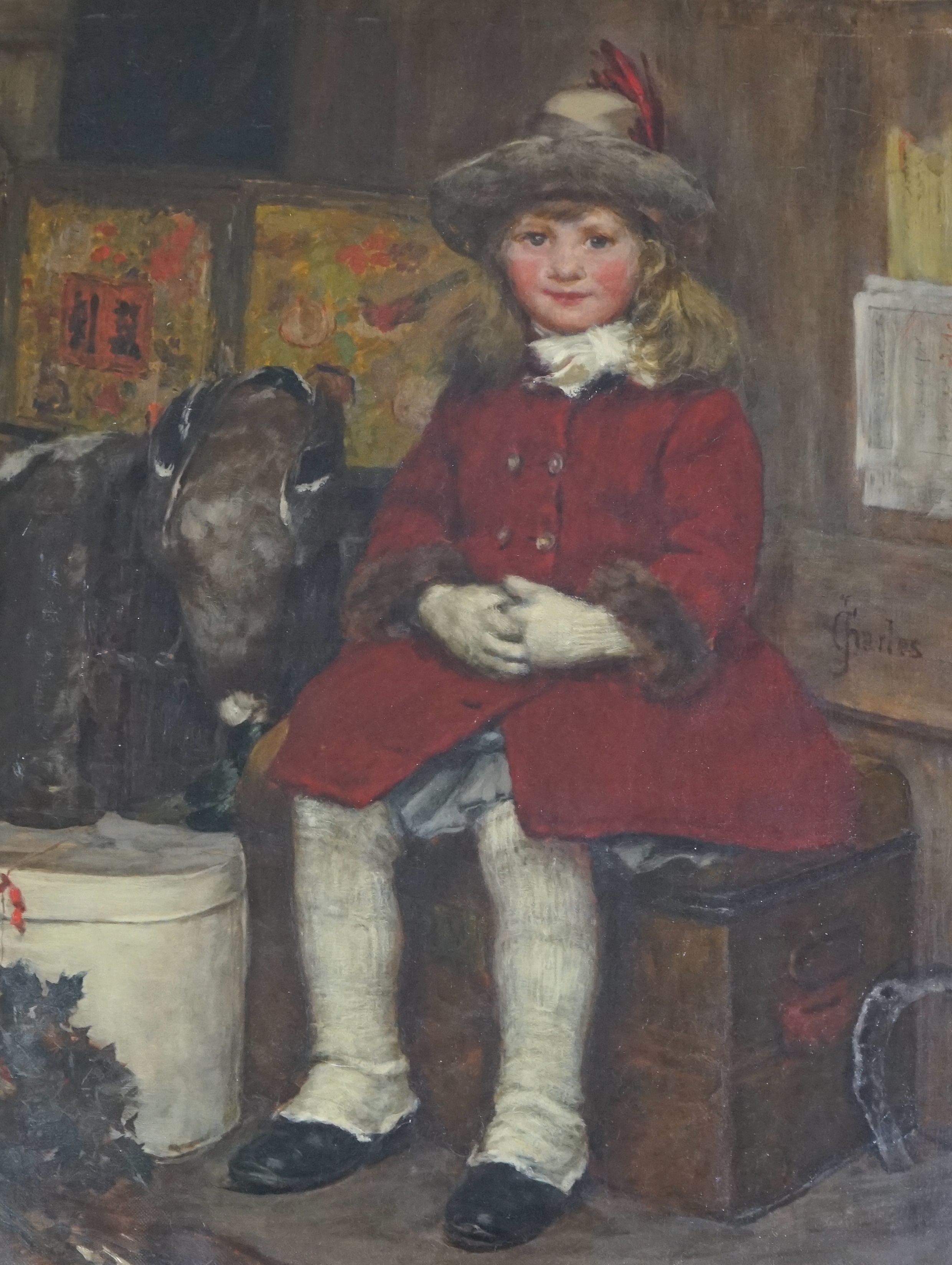 James Charles (British, 1851-1906), Seated child in a red coat, oil on canvas, 56 x 43cm